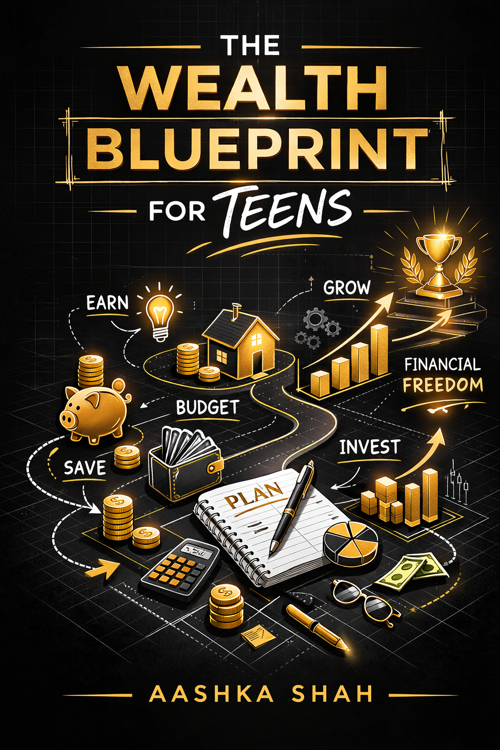 The Financial Blueprint for Teens book cover, a black and gold blueprint-style illustration showing the path from earning to saving, investing, and financial freedom